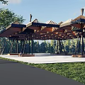 Outdoor Pergola Structure With Wooden Roof And Metal Supports In Green Park
