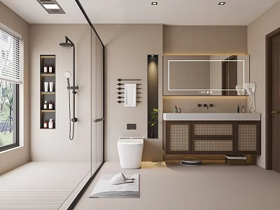 Modern Bathroom Interior With Glass Shower Enclosure White Toilet Wooden Vanity Mirror And Storage Shelves 3d model