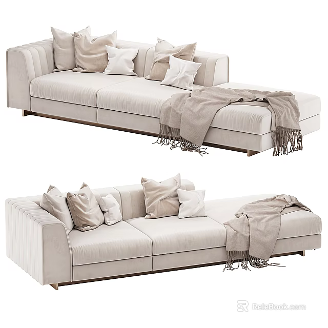 Modern Beige Sectional Sofa With Comfortable Plush Pillows And Cozy Blanket 3d model