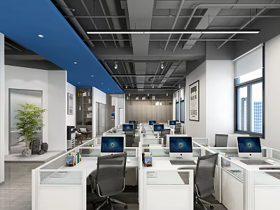 Modern Public Office Space with White Cubicles Computers Black Chairs and Blue Ceiling 3d model