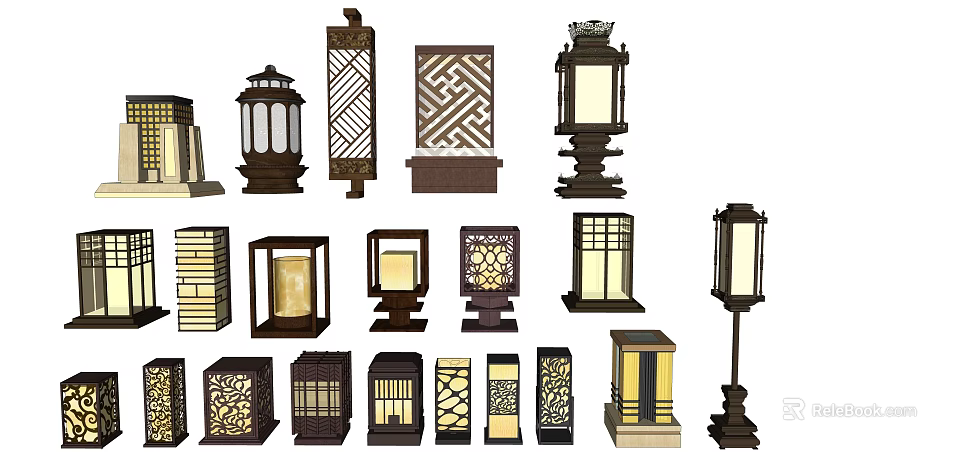 Stylish Outdoor Lights With Various Designs Including Lantern Shapes And Lattice Patterns 3d model 