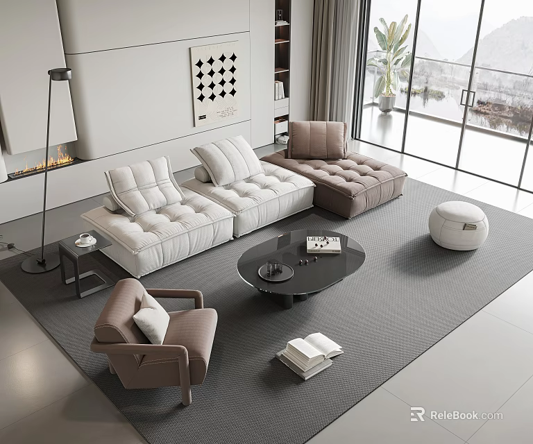 Modern Living Room Sofa Coffee Table Set With Accent Chair Ottoman Rug And Large Windows 3d model 