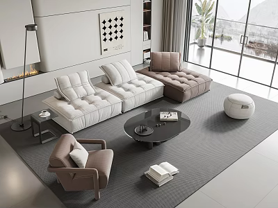 Modern Living Room Sofa Coffee Table Set With Accent Chair Ottoman Rug And Large Windows 3d model