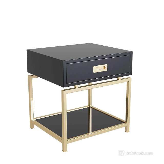 Modern Black Bedside Table With Drawer Gold Handle And Metal Frame Design 3d model 