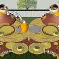 Colorful Children Playground With Rainbow Slide Mushroom Houses And Kids Playing