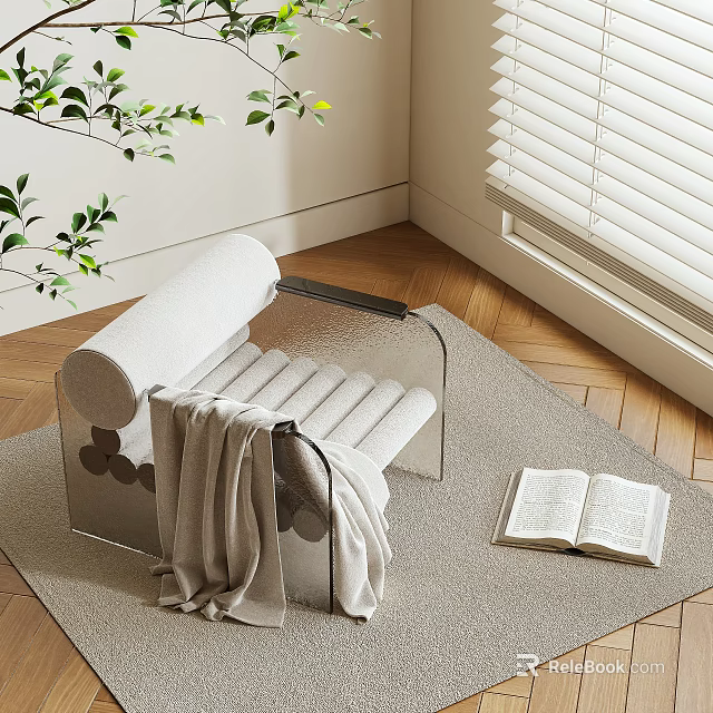 Modern Leisure Chair With Transparent Armrests And Blanket Near Open Book On Wooden Floor 3d model 
