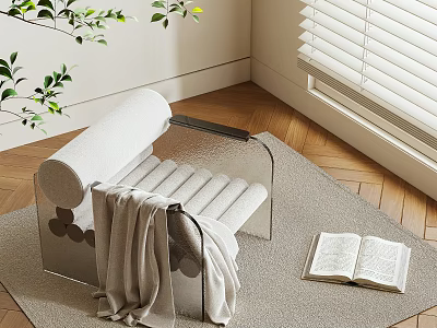 Modern Leisure Chair With Transparent Armrests And Blanket Near Open Book On Wooden Floor 3d model