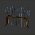 Traditional Weapons Display With Multiple Spears And Axes On Wooden Rack