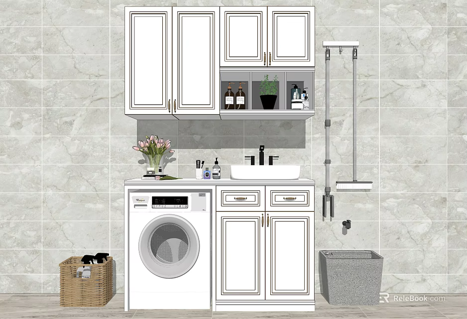 Bathroom Vanity With White Cabinets Washer Marble Wall Flower Vase And Toiletries 3d model 