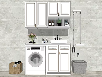 Bathroom Vanity With White Cabinets Washer Marble Wall Flower Vase And Toiletries 3d model
