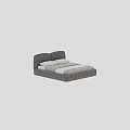 Gray Upholstered Double Bed With White Pillows And Beige White Sheets