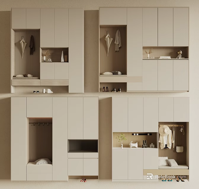 Sleek Modern Shoe Cabinet With Hanging Hooks Open Shelves And Closed Storage Design 3d model 