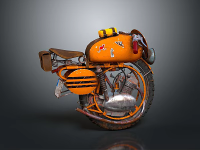 Vintage Orange Motorcycle With Brown Seat Small Logo On Body And Metal Side Bag 3d model