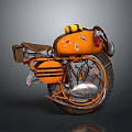 Vintage Orange Motorcycle With Brown Seat Small Logo On Body And Metal Side Bag
