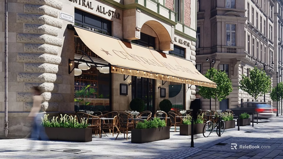 Charming Café Exterior With Outdoor Seating Awning Wooden Tables And Potted Plants 3d model 