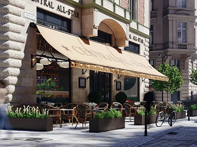 Charming Café Exterior With Outdoor Seating Awning Wooden Tables And Potted Plants 3d model