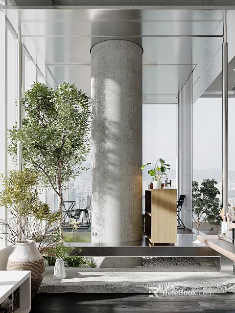 Modern Bright Office Walkway With Lush Green Plants Concrete Pillar And Panoramic City View Windows 3d model 