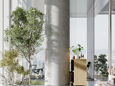 Modern Bright Office Walkway With Lush Green Plants Concrete Pillar And Panoramic City View Windows 3d model