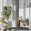 Modern Bright Office Walkway With Lush Green Plants Concrete Pillar And Panoramic City View Windows
