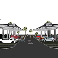 Modern EV Charging Parking Lot With Canopies Palm Trees Parked Cars And Pedestrians