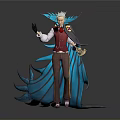 Man With White Hair Red Vest And Blue Cape Holding Staff In Stylish Outfit