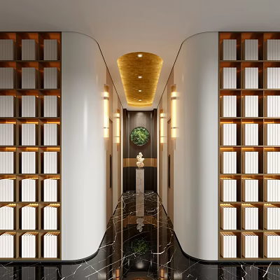 Luxurious Elevator Corridor With Decorative Walls Marble Floor And Artistic Decor 3d model