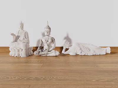 Carved Buddha Sculptures In Three Different Poses On Wooden Floor Against White Wall 3d model