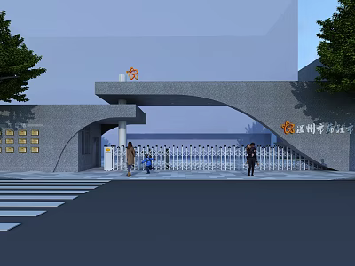 School Entrance Gate With Gray Stone Arched Design Emblem White Fence Trees And People 3d model