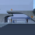 School Entrance Gate With Gray Stone Arched Design Emblem White Fence Trees And People