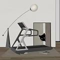 Modern Home Treadmill With Sleek Design Arc Floor Lamp Mirror And Cat Silhouette Interior