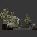 Wooden House With Solar Panels On Roof And Wooden Stairs Near Tall Trees And Old Vehicle