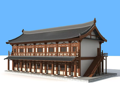Traditional Chinese Ancient Architecture Wooden Structure With Black Tiled Roof Flying Eaves And Stairs 3d model