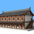 Traditional Chinese Ancient Architecture Wooden Structure With Black Tiled Roof Flying Eaves And Stairs
