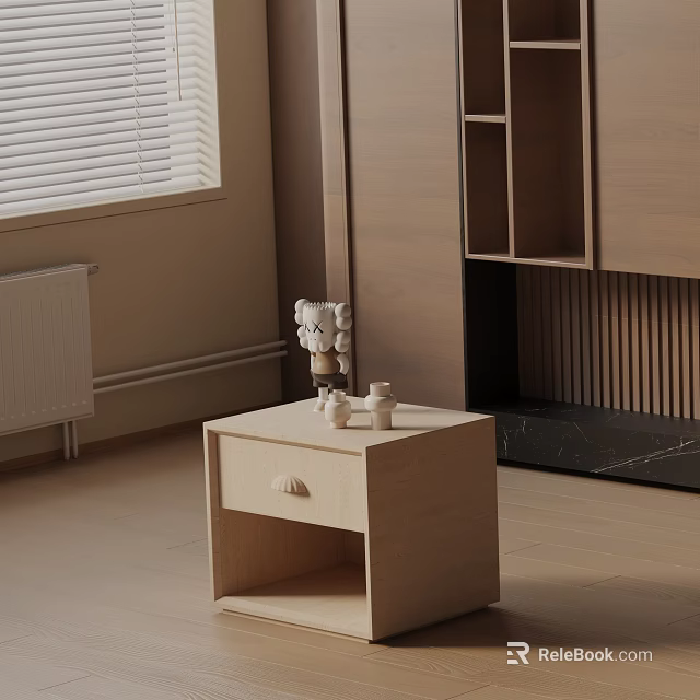 Light Wood Side Table With Drawer And Decorative Items In Modern Interior Space 3d model 