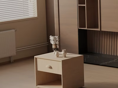 Light Wood Side Table With Drawer And Decorative Items In Modern Interior Space 3d model