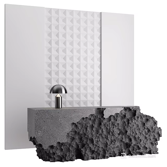Modern Front Desk Reception With Gray Textured Countertop Metal Lamp And Geometric White Tile Wall 3d model 