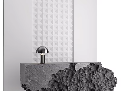 Modern Front Desk Reception With Gray Textured Countertop Metal Lamp And Geometric White Tile Wall 3d model
