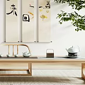 Chinese Style Wooden Tea Table And Chairs With Decorative Scrolls And Green Plants