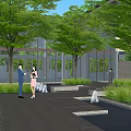 Tranquil Park Landscape With Lush Trees Fountains Stone Pathways And Seats