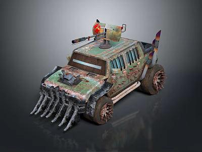 Camouflage Painted Military Vehicle with Front Spike Protector Rooftop Antenna and Reinforced Tires 3d model
