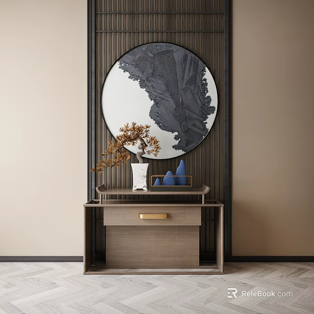 Modern Console Table Interior With Round Mirror White Vase Blue Decor And Brown Branches 3d model