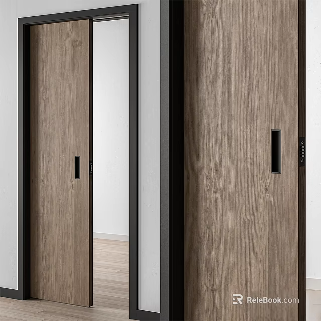 Modern Wood Grain Swing Door With Sleek Black Frame For Interior Spaces 3d model 