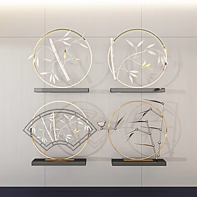 Elegant Modern Ornament Decor Set With Golden Frame Bamboo Leaf Design And Black Base 3d model