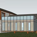 Wooden Detached Villa With Large Glass Windows Balcony Sloped Roof And Surrounded By Green Trees
