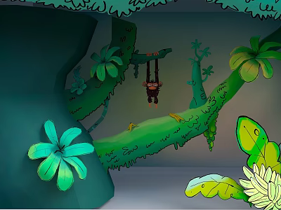 Cartoon Jungle Scene With Hanging Monkey Vines Green Leaves And Rock Formations 3d model