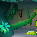 Cartoon Jungle Scene With Hanging Monkey Vines Green Leaves And Rock Formations
