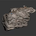 Rocky Mountain Terrain With Wooden Plank Walkway And Suspension Bridge Structure