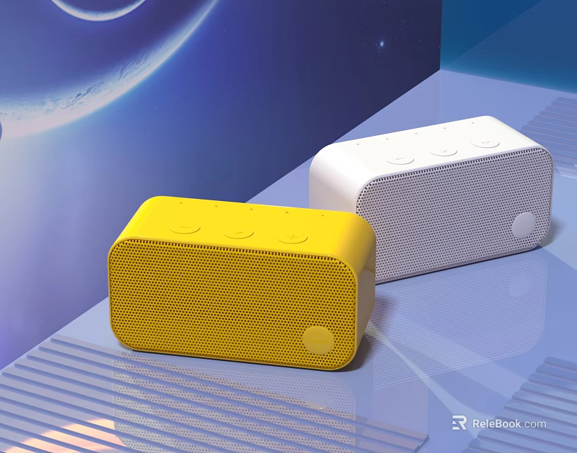 Yellow And White Wireless Speakers With Mesh Design Button Controls On Blue Gradient Cosmic Background 3d model 