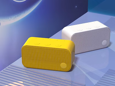 Yellow And White Wireless Speakers With Mesh Design Button Controls On Blue Gradient Cosmic Background 3d model