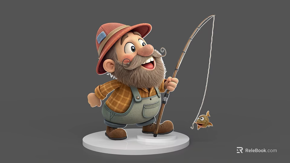 Animated Bearded Game Character Wearing Red Hat Plaid Shirt Overalls Holding Fishing Rod And Fish 3d model 